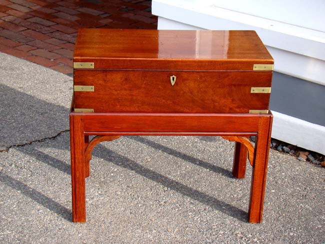 A Wonderful brass bound 'Campaign' style mahogany lap desk circa 1830 on a custom made stand — image 4